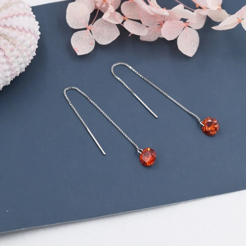Garnet Red CZ Dot Threader Earrings in Sterling Silver, Minimalist Ear Threader, January Birthstone