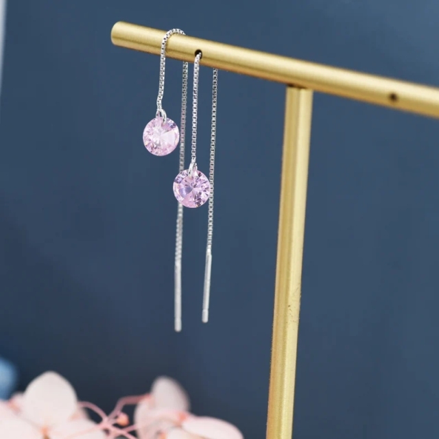 Alexandrite Pink CZ Dot Threader Earrings in Sterling Silver, Minimalist Ear Threader, October Birthstone