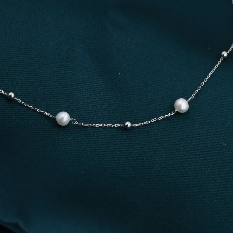 Genuine Pearl Choker Necklace in Sterling Silver, Silver or Gold, Genuine Freshwater Pearls, Natural Keshi Pearl Necklace, Satellite Beaded