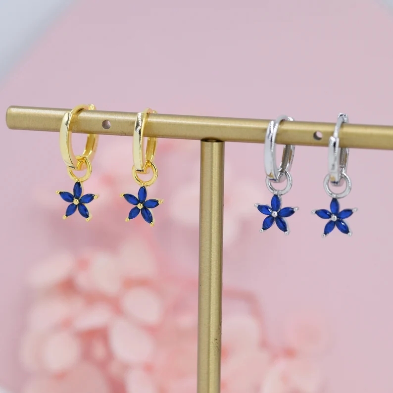 Sapphire Blue Flower CZ Huggie Hoop in Sterling Silver, Silver or Gold, Minimalist Simple Hoop Earrings, Detachable and Interchangeable