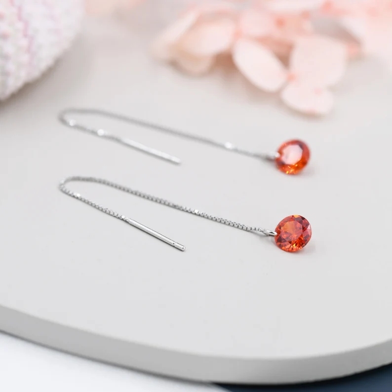 Garnet Red CZ Dot Threader Earrings in Sterling Silver, Minimalist Ear Threader, January Birthstone