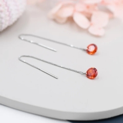 Garnet Red CZ Dot Threader Earrings in Sterling Silver, Minimalist Ear Threader, January Birthstone
