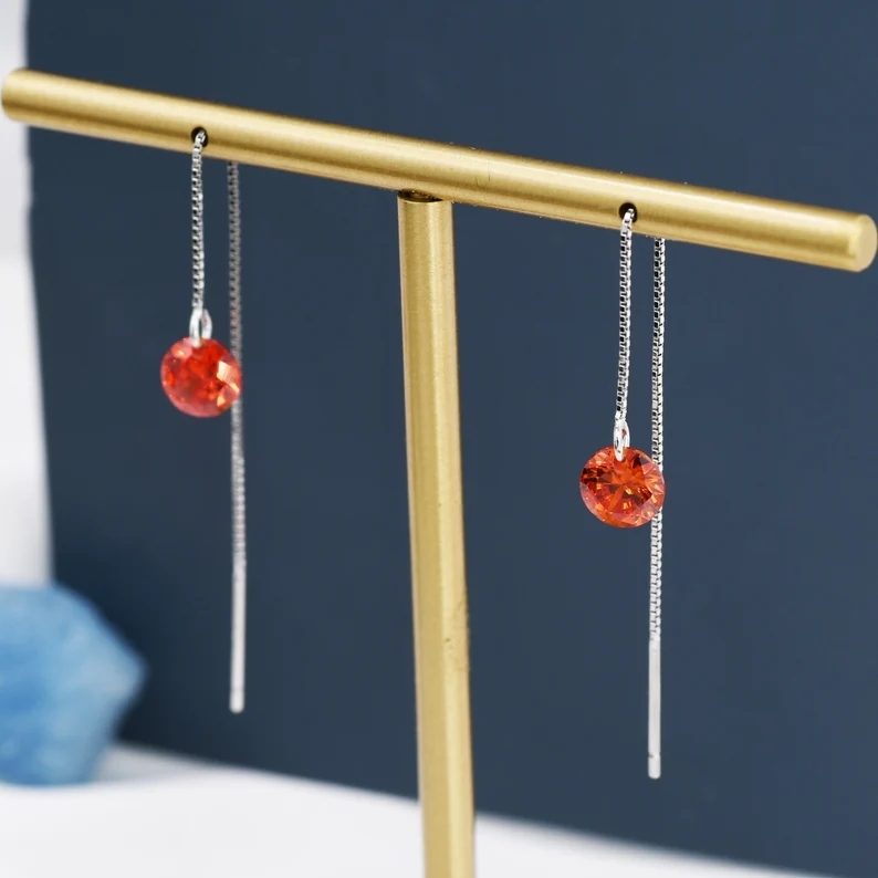 Garnet Red CZ Dot Threader Earrings in Sterling Silver, Minimalist Ear Threader, January Birthstone