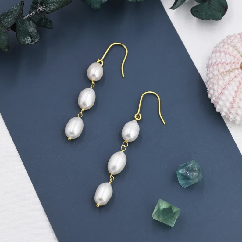 Baroque Pearl Trio Drop Hook Earrings in Sterling Silver, Silver or Gold, Long Pearl Drop Earrings, Natural Keshi Freshwater Pearl Earrings
