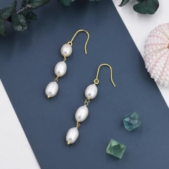 Baroque Pearl Trio Drop Hook Earrings in Sterling Silver, Silver or Gold, Long Pearl Drop Earrings, Natural Keshi Freshwater Pearl Earrings