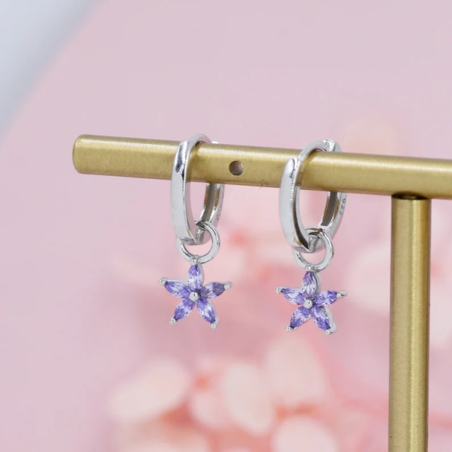 Amethyst Purple Flower CZ Huggie Hoop in Sterling Silver, Silver or Gold, Minimalist Simple Hoop Earrings, Detachable and Interchangeable
