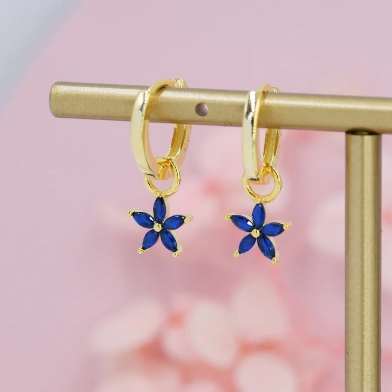 Sapphire Blue Flower CZ Huggie Hoop in Sterling Silver, Silver or Gold, Minimalist Simple Hoop Earrings, Detachable and Interchangeable