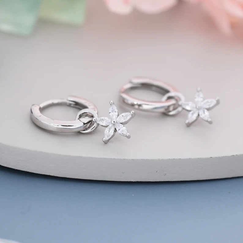 White Flower CZ Huggie Hoop in Sterling Silver, Silver or Gold, Minimalist Simple Hoop Earrings, Detachable and Interchangeable