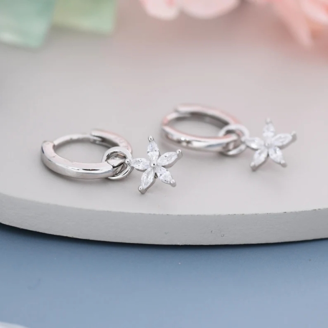 White Flower CZ Huggie Hoop in Sterling Silver, Silver or Gold, Minimalist Simple Hoop Earrings, Detachable and Interchangeable