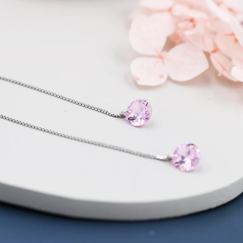 Alexandrite Pink CZ Dot Threader Earrings in Sterling Silver, Minimalist Ear Threader, October Birthstone