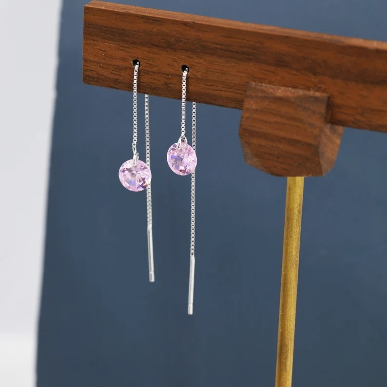 Alexandrite Pink CZ Dot Threader Earrings in Sterling Silver, Minimalist Ear Threader, October Birthstone