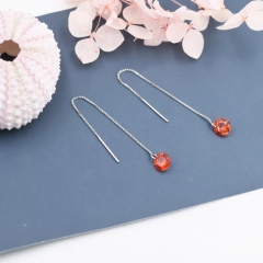 Garnet Red CZ Dot Threader Earrings in Sterling Silver, Minimalist Ear Threader, January Birthstone