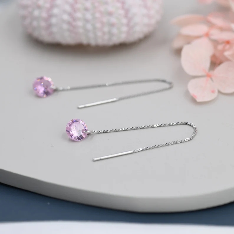 Alexandrite Pink CZ Dot Threader Earrings in Sterling Silver, Minimalist Ear Threader, October Birthstone