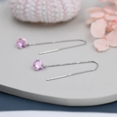 Alexandrite Pink CZ Dot Threader Earrings in Sterling Silver, Minimalist Ear Threader, October Birthstone