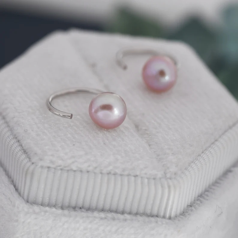 Lilac Purple Pearl Huggie Hoops in Sterling Silver, Genuine Freshwater Pearl Semi Hoop Earrings, Open Hoop Earrings, Natural Pearl Hoops