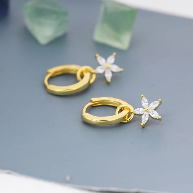White Flower CZ Huggie Hoop in Sterling Silver, Silver or Gold, Minimalist Simple Hoop Earrings, Detachable and Interchangeable