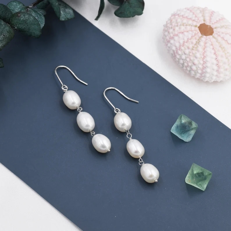 Baroque Pearl Trio Drop Hook Earrings in Sterling Silver, Silver or Gold, Long Pearl Drop Earrings, Natural Keshi Freshwater Pearl Earrings