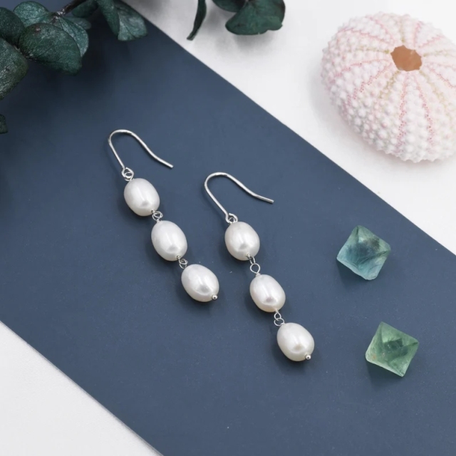 Baroque Pearl Trio Drop Hook Earrings in Sterling Silver, Silver or Gold, Long Pearl Drop Earrings, Natural Keshi Freshwater Pearl Earrings