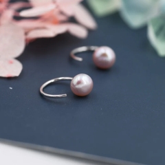 Lilac Purple Pearl Huggie Hoops in Sterling Silver, Genuine Freshwater Pearl Semi Hoop Earrings, Open Hoop Earrings, Natural Pearl Hoops