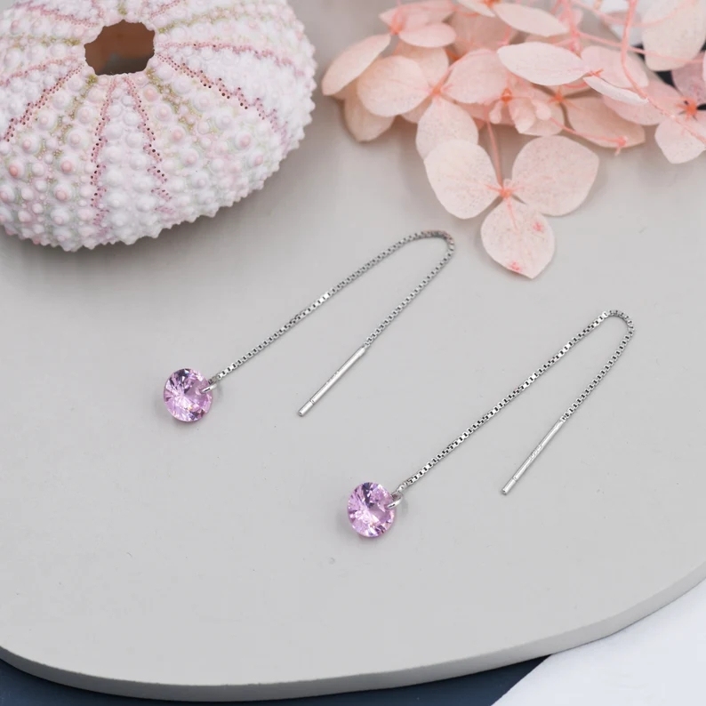 Alexandrite Pink CZ Dot Threader Earrings in Sterling Silver, Minimalist Ear Threader, October Birthstone