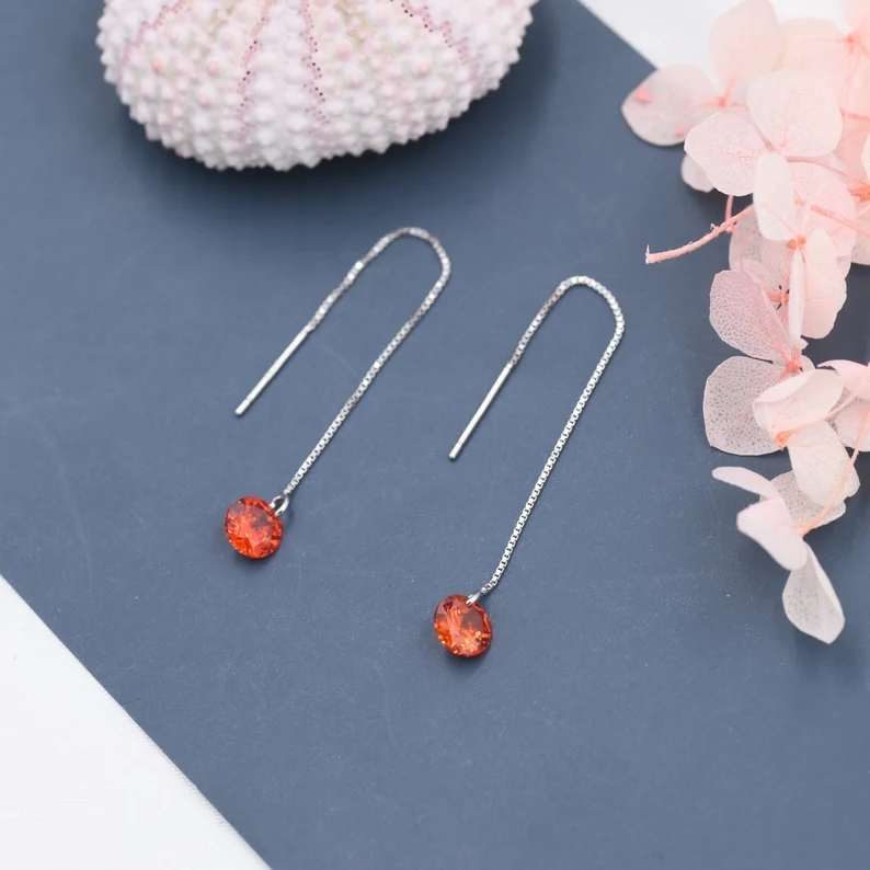Garnet Red CZ Dot Threader Earrings in Sterling Silver, Minimalist Ear Threader, January Birthstone