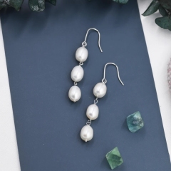 Baroque Pearl Trio Drop Hook Earrings in Sterling Silver, Silver or Gold, Long Pearl Drop Earrings, Natural Keshi Freshwater Pearl Earrings