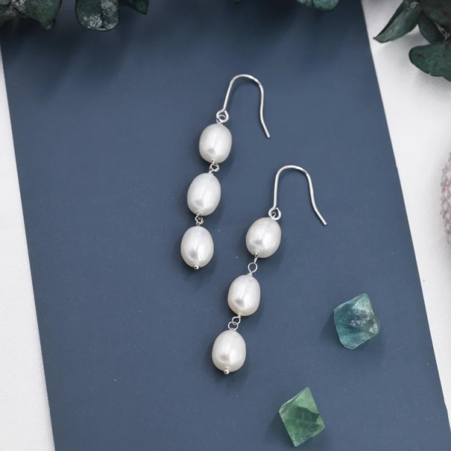 Baroque Pearl Trio Drop Hook Earrings in Sterling Silver, Silver or Gold, Long Pearl Drop Earrings, Natural Keshi Freshwater Pearl Earrings
