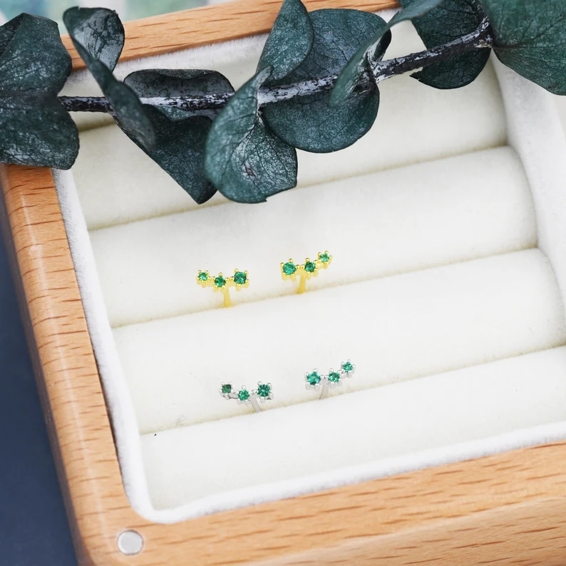 Extra Tiny Emerald Green Trio Stud Earrings in Sterling Silver, Silver or Gold, Tiny Three Star CZ Earrings, Stacking Earrings