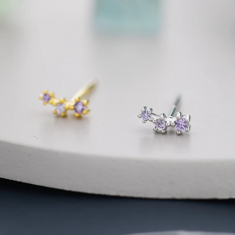 Extra Tiny Alexandrite CZ Trio Stud Earrings in Sterling Silver, Silver or Gold, Tiny Three Star CZ Earrings, Stacking Earrings