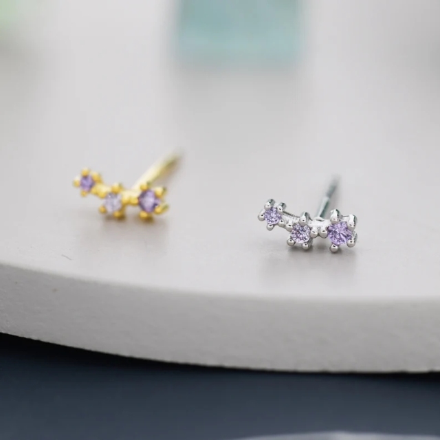 Extra Tiny Alexandrite CZ Trio Stud Earrings in Sterling Silver, Silver or Gold, Tiny Three Star CZ Earrings, Stacking Earrings