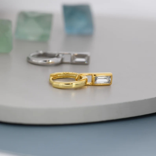 Baguette CZ Huggie Hoop in Sterling Silver, Silver or Gold, CZ Minimalist Hoop Earrings, Detachable and Interchangeable