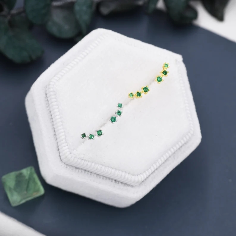 Extra Tiny Emerald Green Trio Stud Earrings in Sterling Silver, Silver or Gold, Tiny Three Star CZ Earrings, Stacking Earrings