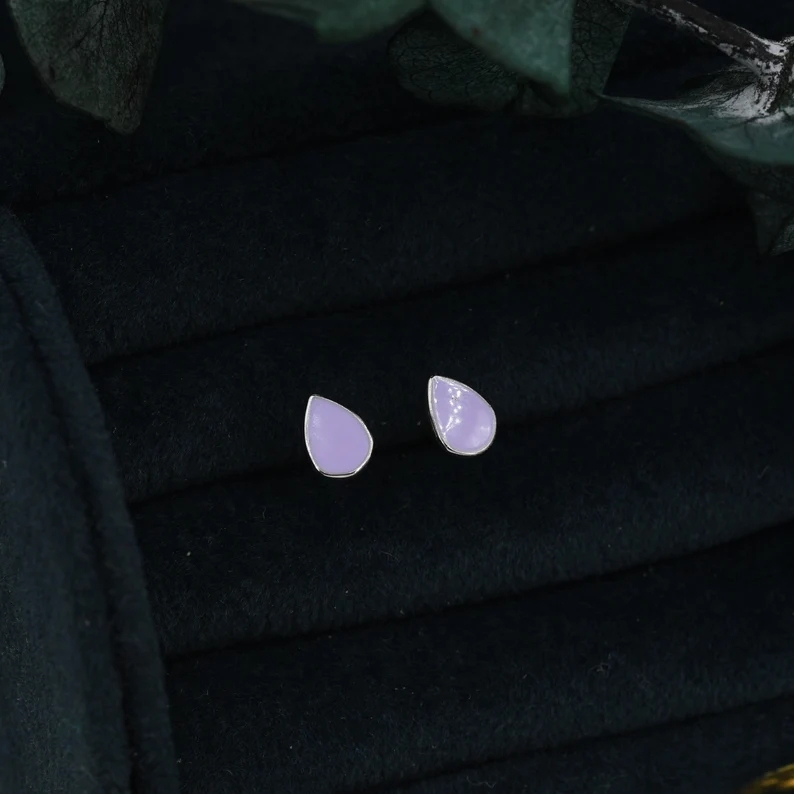 Purple Droplet Dot Stud Earrings in Sterling Silver with Hand Painted Enamel, Purple Stud, Enamel Droplet, Drop Shape