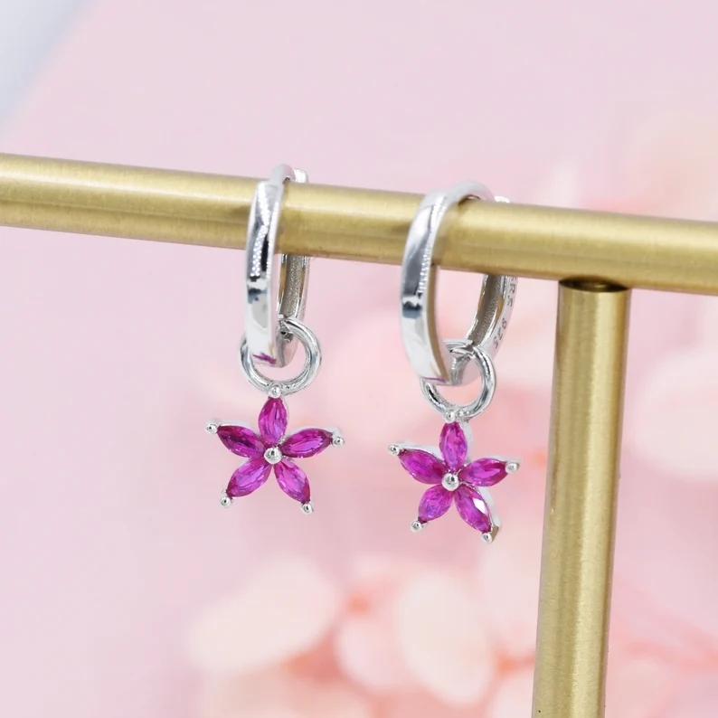 Fuchsia Red Flower CZ Huggie Hoop in Sterling Silver, Silver or Gold, Minimalist Simple Hoop Earrings, Detachable and Interchangeable