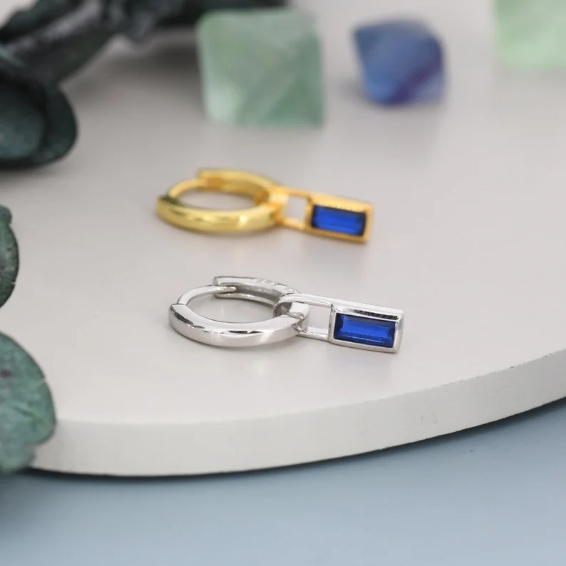 Sapphire Blue Baguette CZ Huggie Hoop in Sterling Silver, Silver or Gold, CZ Minimalist Hoop Earrings, Detachable and Interchangeable