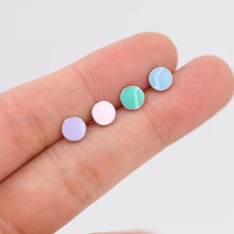 Teal Green Circle Dot Stud Earrings in Sterling Silver with Hand Painted Enamel, Pastel Stud, Enamel Dot, 6mm