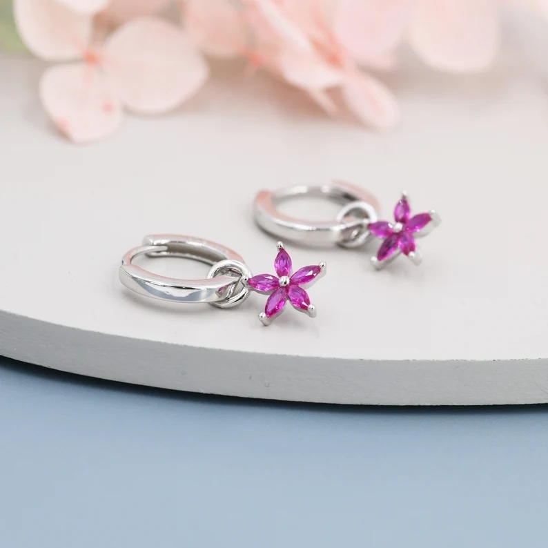 Fuchsia Red Flower CZ Huggie Hoop in Sterling Silver, Silver or Gold, Minimalist Simple Hoop Earrings, Detachable and Interchangeable