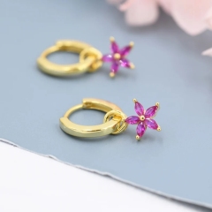 Fuchsia Red Flower CZ Huggie Hoop in Sterling Silver, Silver or Gold, Minimalist Simple Hoop Earrings, Detachable and Interchangeable