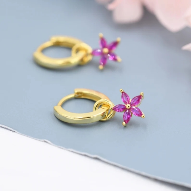 Fuchsia Red Flower CZ Huggie Hoop in Sterling Silver, Silver or Gold, Minimalist Simple Hoop Earrings, Detachable and Interchangeable