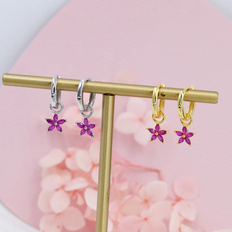 Fuchsia Red Flower CZ Huggie Hoop in Sterling Silver, Silver or Gold, Minimalist Simple Hoop Earrings, Detachable and Interchangeable