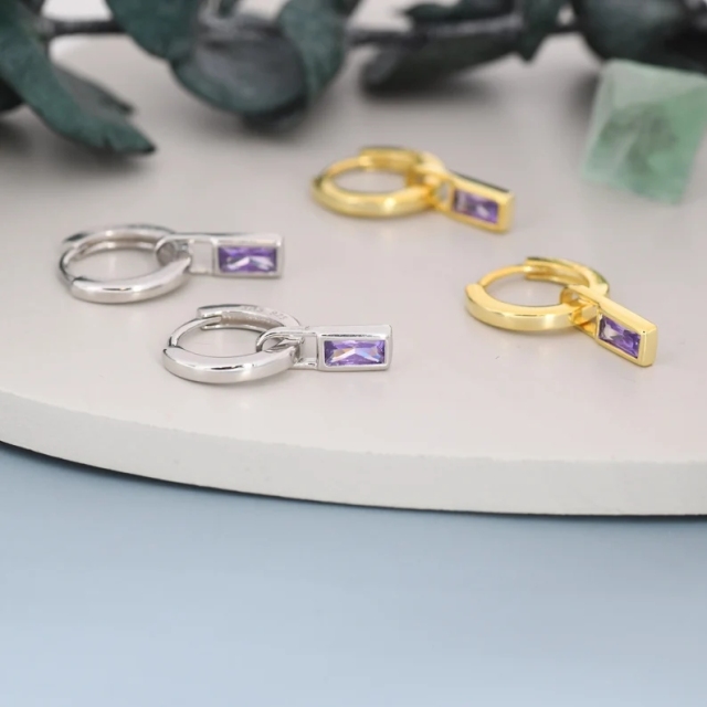 Alexandrite Purple Baguette CZ Huggie Hoop in Sterling Silver, Silver or Gold, CZ Minimalist Hoop Earrings, Detachable and Interchangeable
