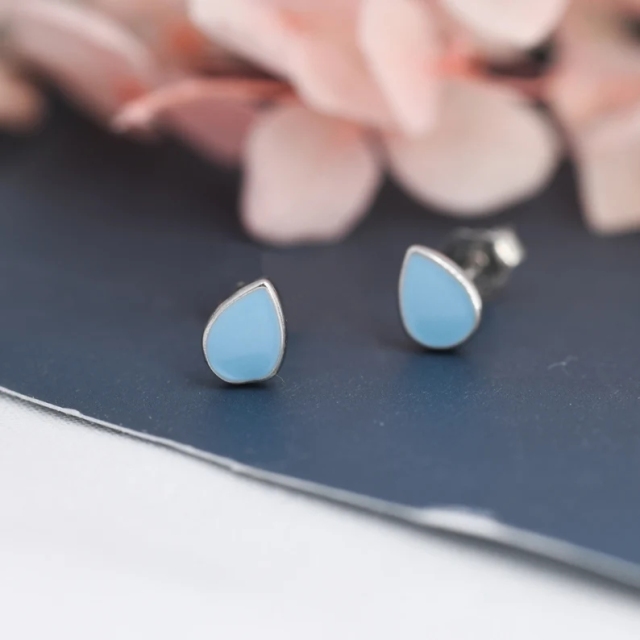 Blue Droplet Dot Stud Earrings in Sterling Silver with Hand Painted Enamel, Blue Stud, Enamel Droplet, Drop Shape
