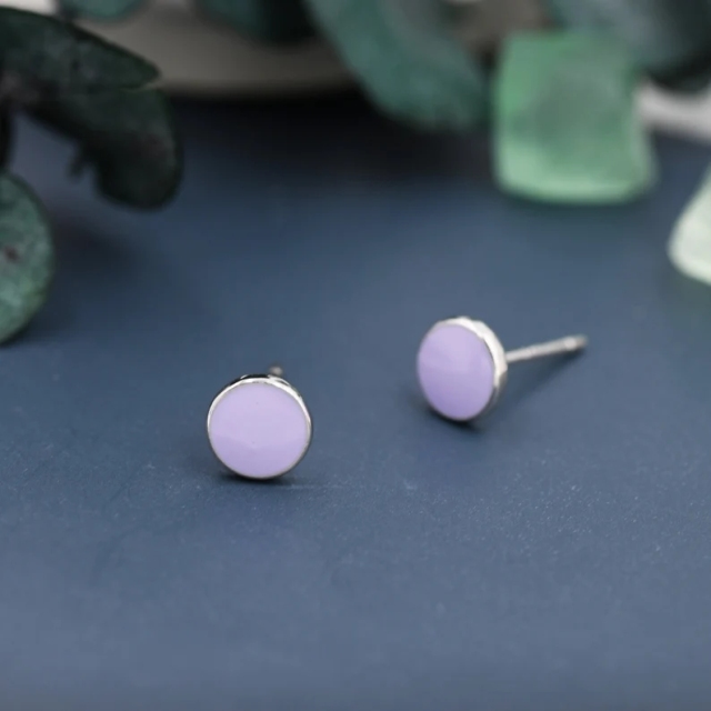 Lilac Purple Circle Dot Stud Earrings in Sterling Silver with Hand Painted Enamel, Pastel Stud, Enamel Dot, 6mm