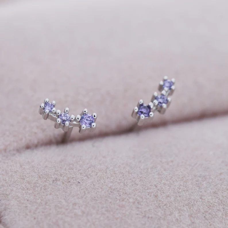 Extra Tiny Alexandrite CZ Trio Stud Earrings in Sterling Silver, Silver or Gold, Tiny Three Star CZ Earrings, Stacking Earrings