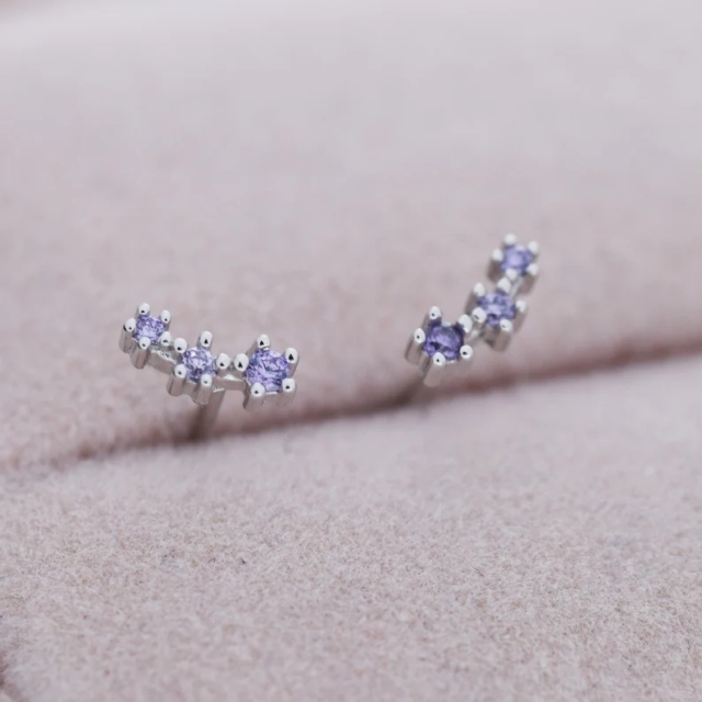 Extra Tiny Alexandrite CZ Trio Stud Earrings in Sterling Silver, Silver or Gold, Tiny Three Star CZ Earrings, Stacking Earrings
