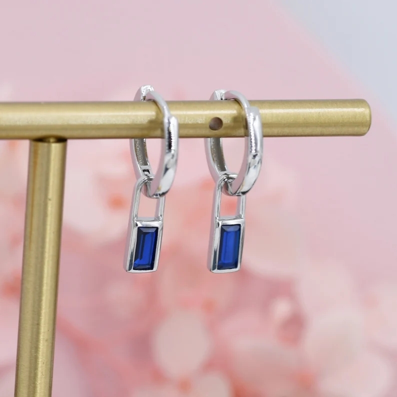 Sapphire Blue Baguette CZ Huggie Hoop in Sterling Silver, Silver or Gold, CZ Minimalist Hoop Earrings, Detachable and Interchangeable