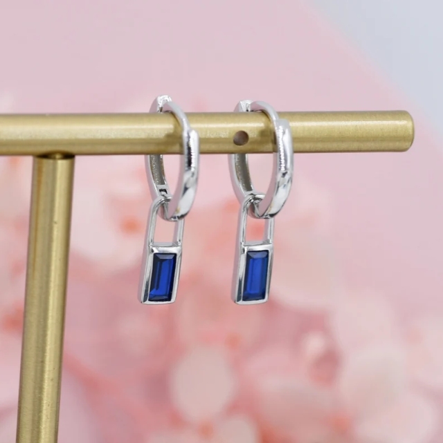Sapphire Blue Baguette CZ Huggie Hoop in Sterling Silver, Silver or Gold, CZ Minimalist Hoop Earrings, Detachable and Interchangeable