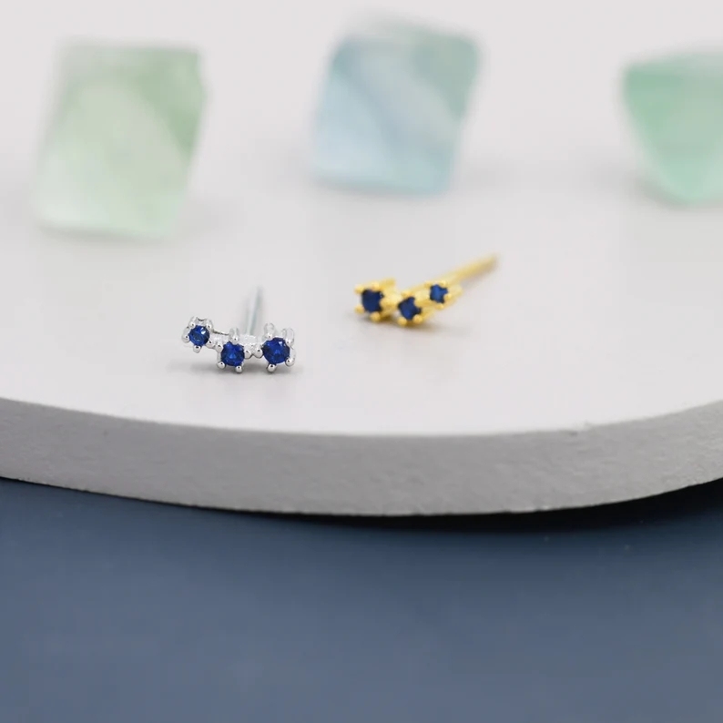 Extra Tiny Sapphire Blue CZ Trio Stud Earrings in Sterling Silver, Silver or Gold, Tiny Three Star CZ Earrings, Stacking Earrings