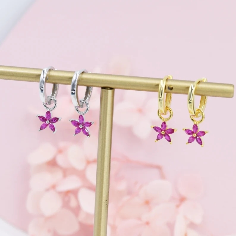 Fuchsia Red Flower CZ Huggie Hoop in Sterling Silver, Silver or Gold, Minimalist Simple Hoop Earrings, Detachable and Interchangeable