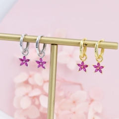 Fuchsia Red Flower CZ Huggie Hoop in Sterling Silver, Silver or Gold, Minimalist Simple Hoop Earrings, Detachable and Interchangeable